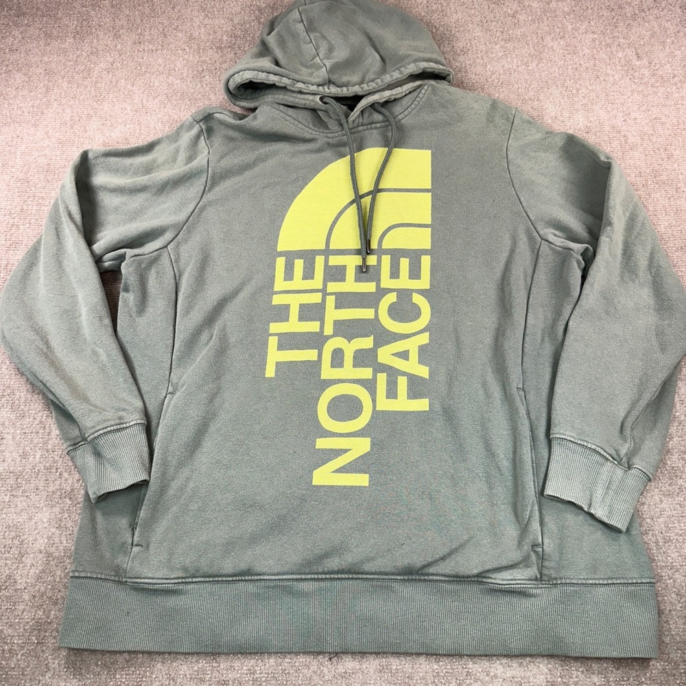The North Face Womens XL Sage Green Neon Yellow Vertical Logo Pullover Hoodie